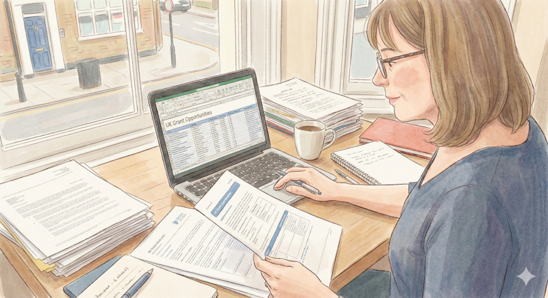 Complete guide to finding grants for UK charities - researcher at desk with documents and laptop