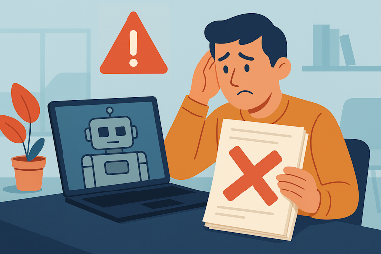Flat-style illustration of a worried man at his desk clutching a grant application marked with a large red 'X.' Beside him, an open laptop shows a grey, expressionless robot icon on its screen, and a red warning triangle hovers in the background—conveying that the AI's help led to a rejected application